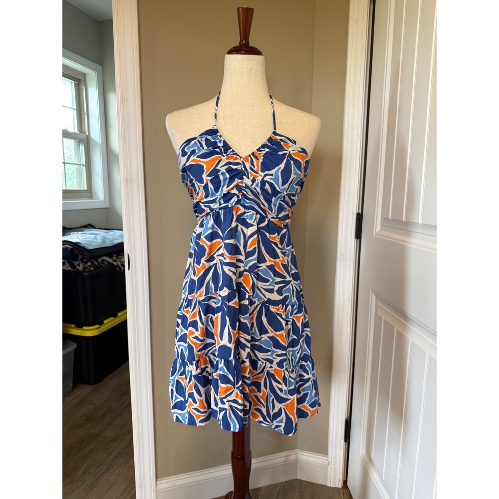 Pants Store Womens Blue Orange Abstract Leaf Print Halter Tiered Mini Dress‎ M